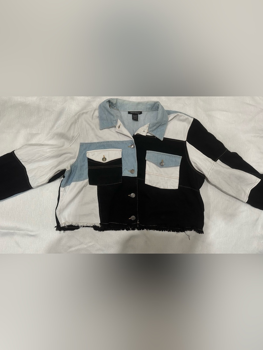 Ashley Stewart Black, Light Blue & White Colorblock Cropped Jean Jacket